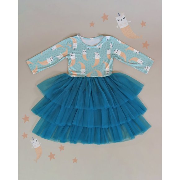 Teal Mermaid Kitten Tutu Dress - Girls Tutu Dress, Blue Mermaid Tutu Dress, Gift - Picture 2 of 2
